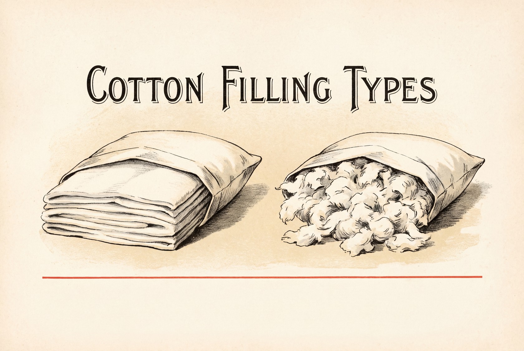 Two cotton pillow inserts lying side by side with their zippers open. The left one holds neat, flat layers of white cotton batting stacked like folded blankets. The right one holds a loose pile of small, uneven cotton tufts.