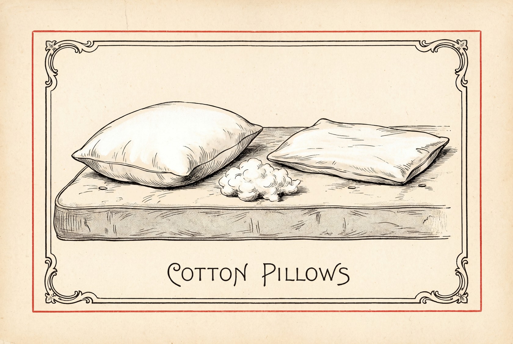 Two white pillows on a mattress. A full, rounded pillow sits next to a flatter one, with a small tuft of fluffy cotton fill between them, showing how cotton fill packs down with use.