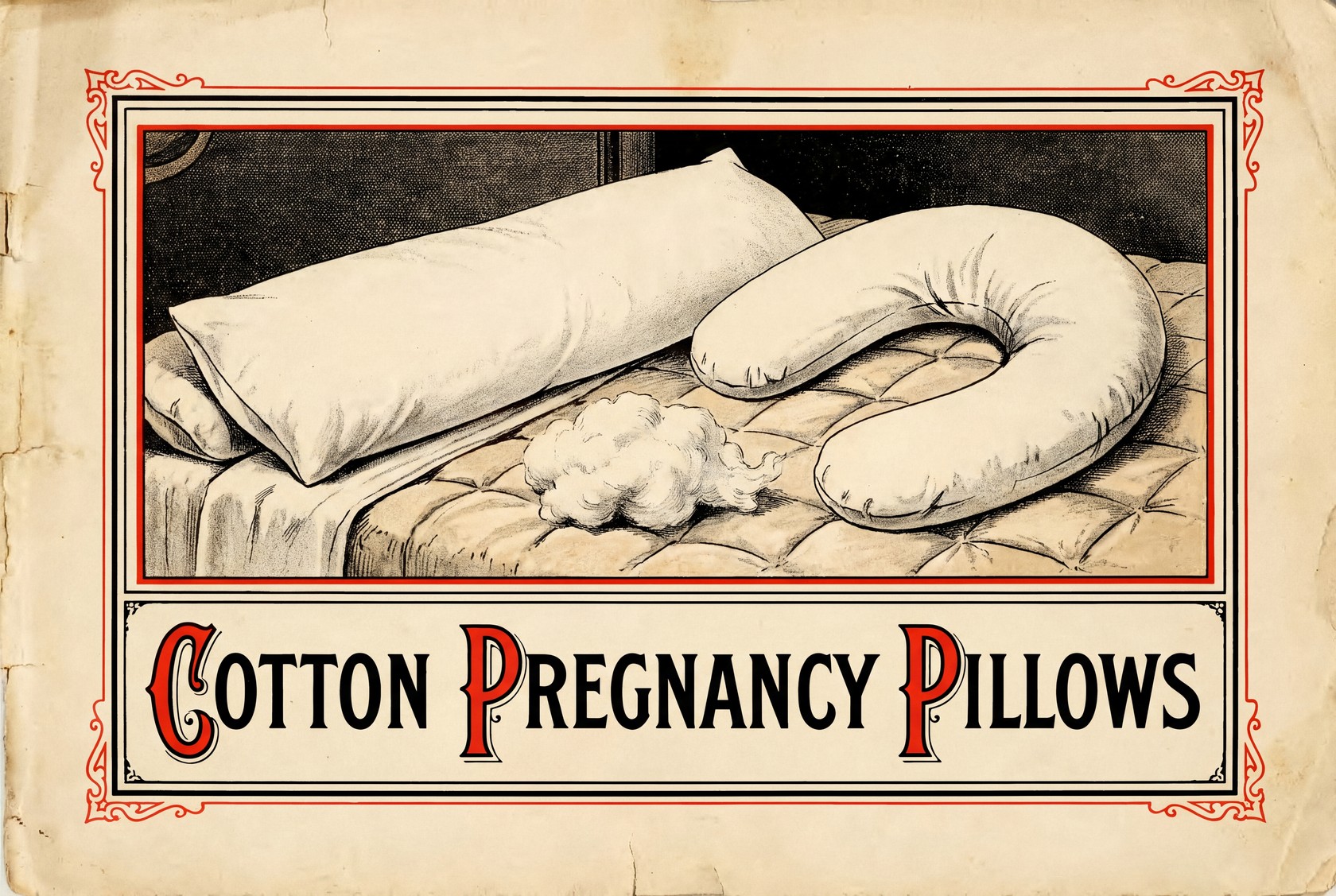 A straight white body pillow lies next to a C-shaped pregnancy pillow on a bed, with a small tuft of cotton batting between them.