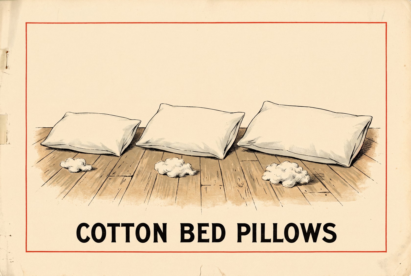 Three white cotton pillows laid side by side in order of length, shortest on the left and longest on the right, with a small pile of loose cotton fiber next to each one.