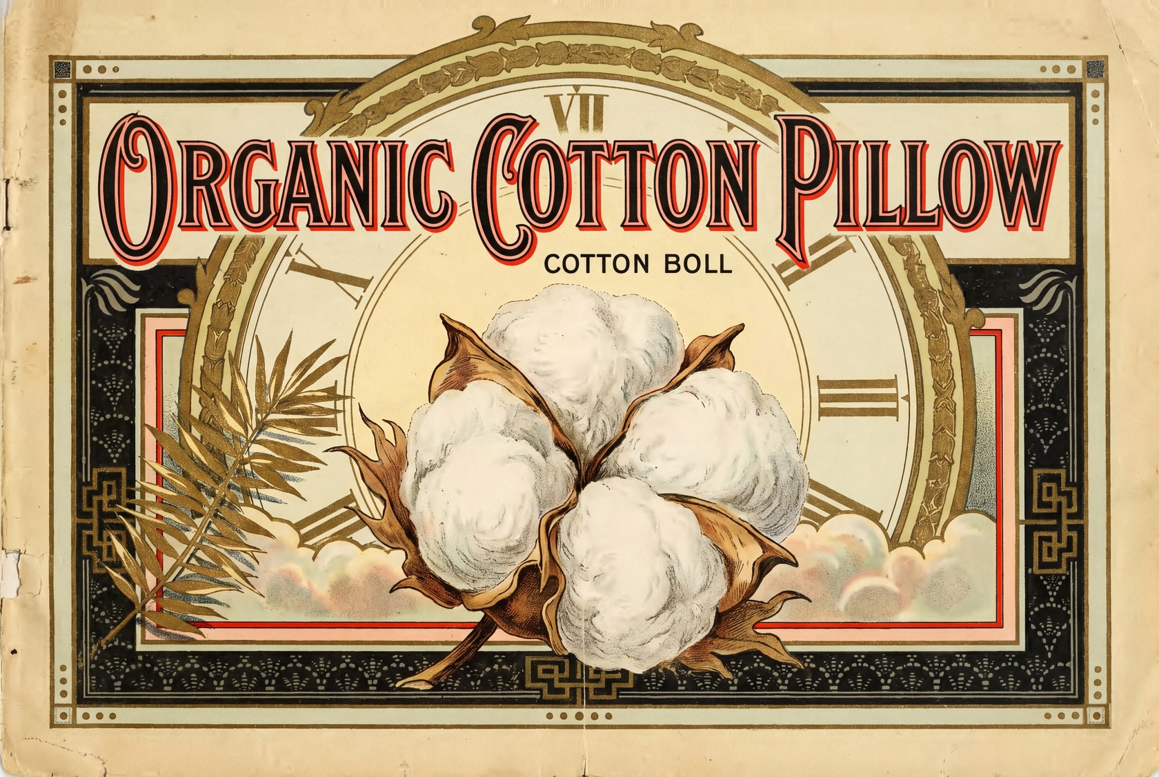 A period product label: an open cotton boll with four full locks set in an oval medallion, a leafy frond crossing at the left, ruled off in red on cream.