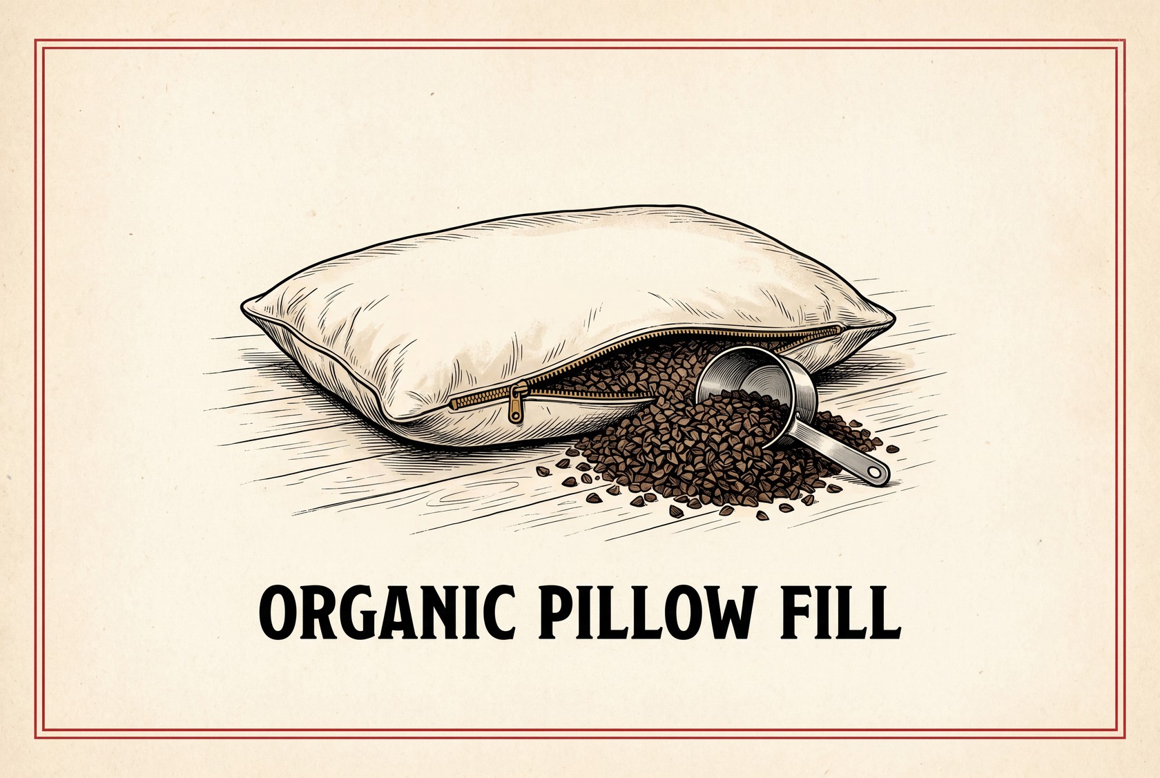 A flat, pale cotton pillow with its zipper partly open lies on a wooden floor. Beside it is a small pile of dark brown buckwheat hulls with a metal cup sitting in it, showing that the fill can be poured out and measured.