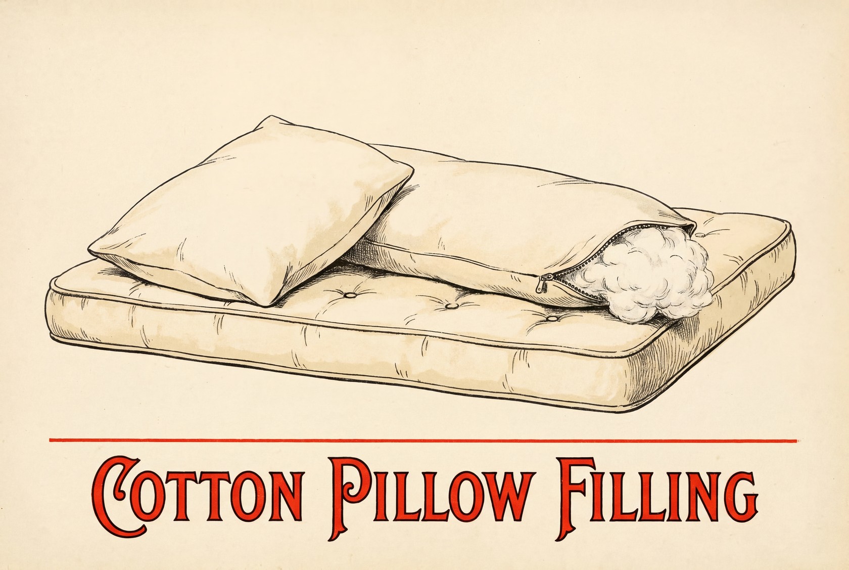Illustration of a plain cotton bed pillow beside a longer body pillow on a mattress, the body pillow partly unzipped to show soft white cotton fill inside.