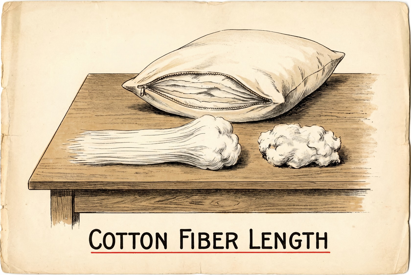 Two tufts of raw cotton on a wooden table. One is pulled out into long straight fibers and the other is a short matted clump. Behind them is a half-open cotton pillow with its layered batting showing.