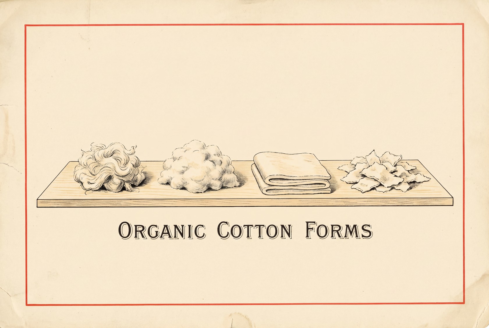 Four heaps of natural cotton side by side, running from a tangled raw tuft to a fluffy loose pile, then a flat folded stack of batting, then small torn pieces of batting.