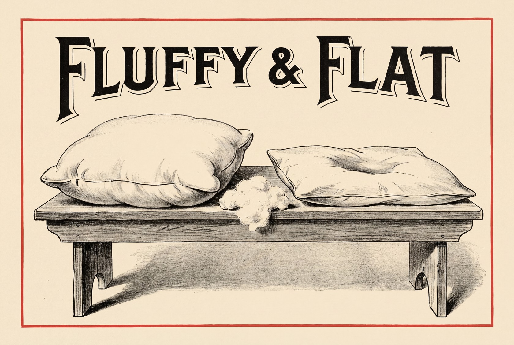 Illustration of two cotton pillows on a wooden bench. One is full and rounded, the other is flattened with a dent in the middle, and a small tuft of loose white cotton fill lies between them.